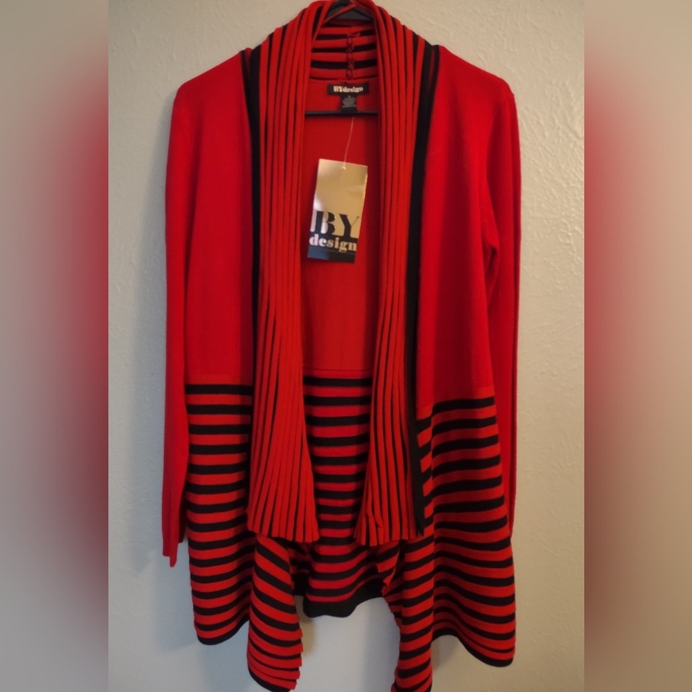 By Design Women's Red and Black Striped Open Waterfall Sweater